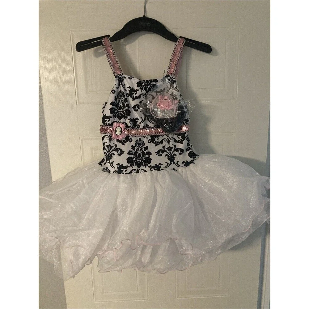 Size L Dance Recital Costume Dress Up Ballerina White Black W/ Gloves Choker Hai
